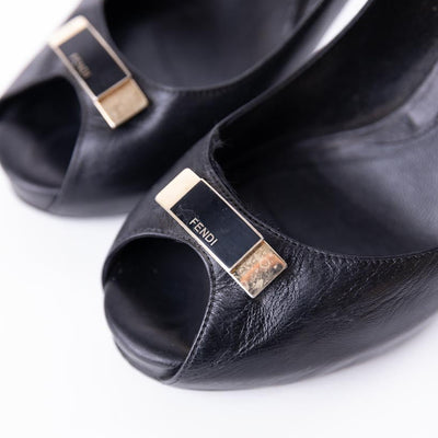 Fendi Brown Zucca Canvas And Black Leather Peep Toe Platform Pumps