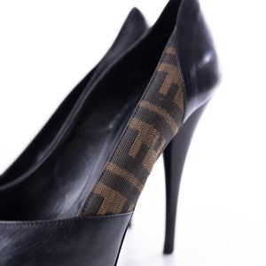 Fendi Brown Zucca Canvas And Black Leather Peep Toe Platform Pumps