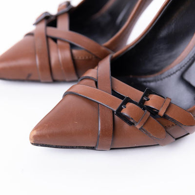 Burberry Brown Leather And Nova Check Canvas Pointed Toe Pumps