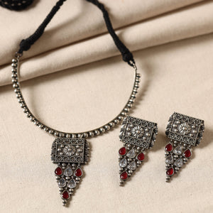 Antique Silver Finish Oxidised Brass Base Stone Work Necklace Set