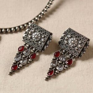 Antique Silver Finish Oxidised Brass Base Stone Work Necklace Set