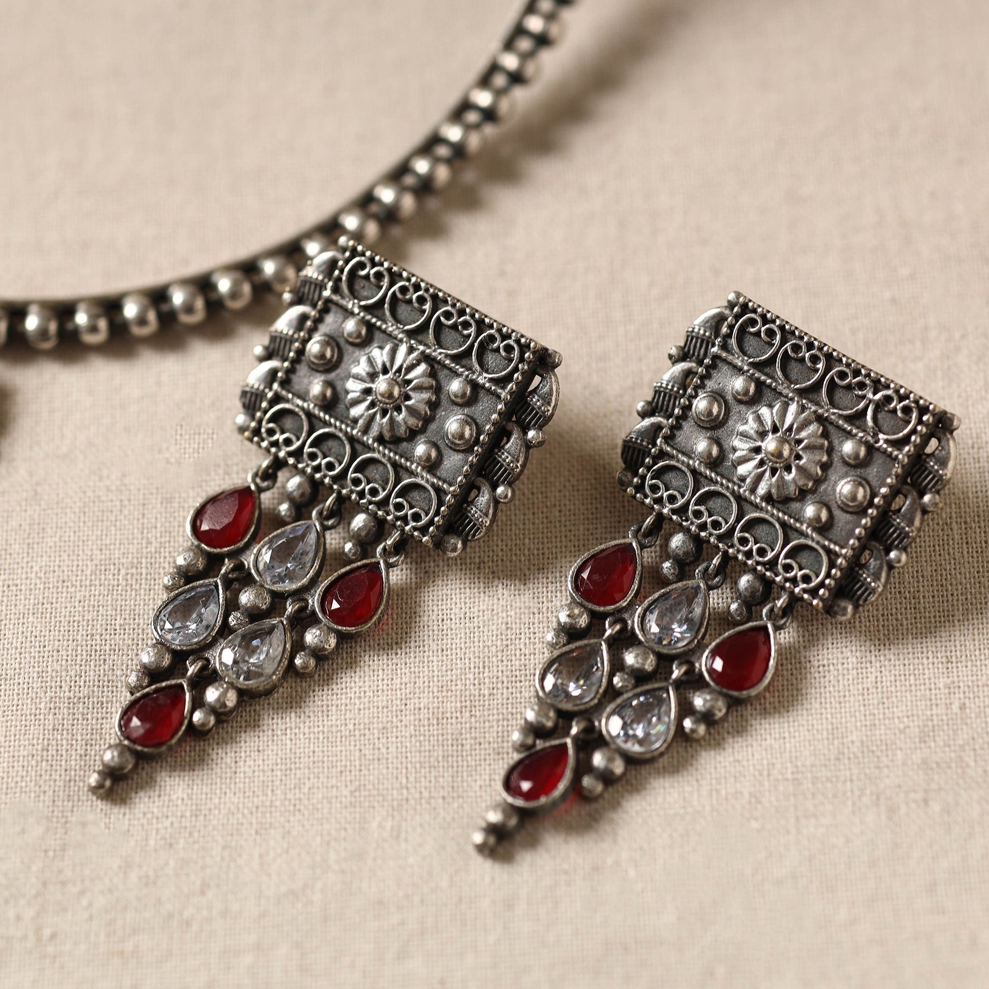 Antique Silver Finish Oxidised Brass Base Stone Work Necklace Set