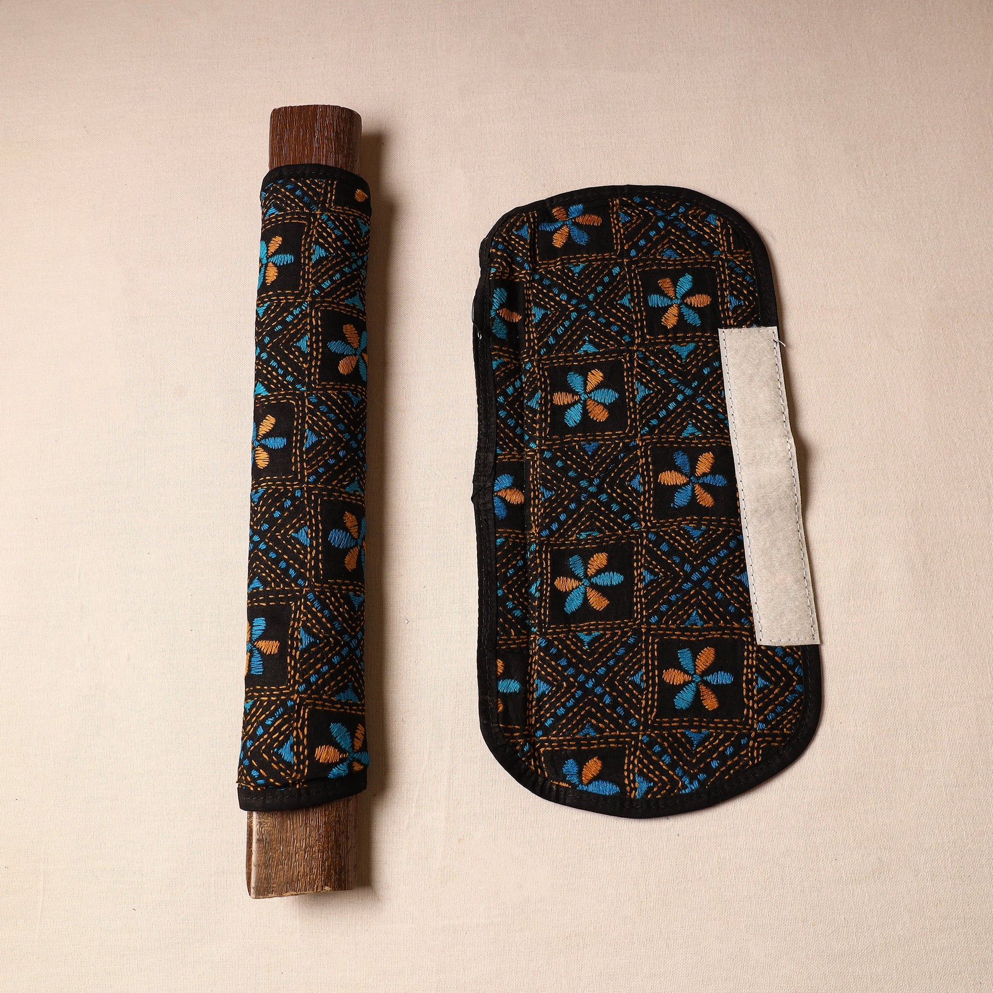 Black - Bengal Kantha Work Handmade Fridge Handle Cover (Set of 2) 23