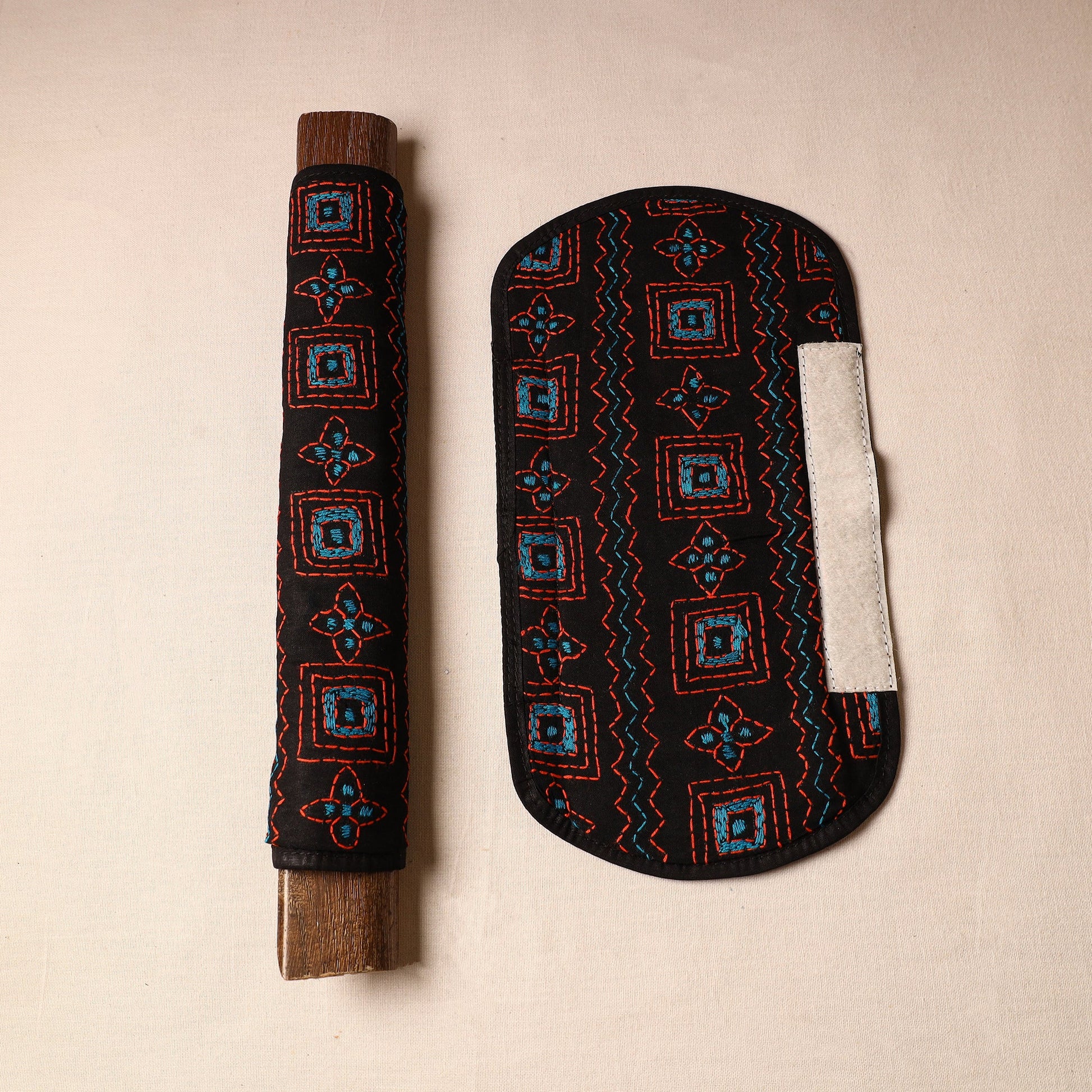 Black - Bengal Kantha Work Handmade Fridge Handle Cover (Set of 2) 25