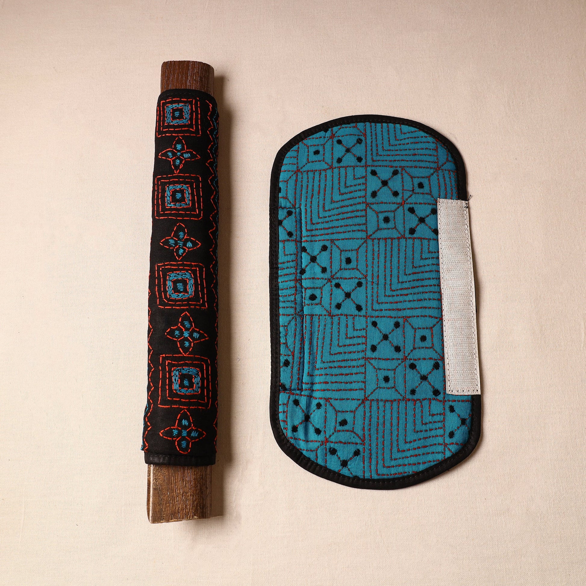 Black - Bengal Kantha Work Handmade Fridge Handle Cover (Set of 2) 25