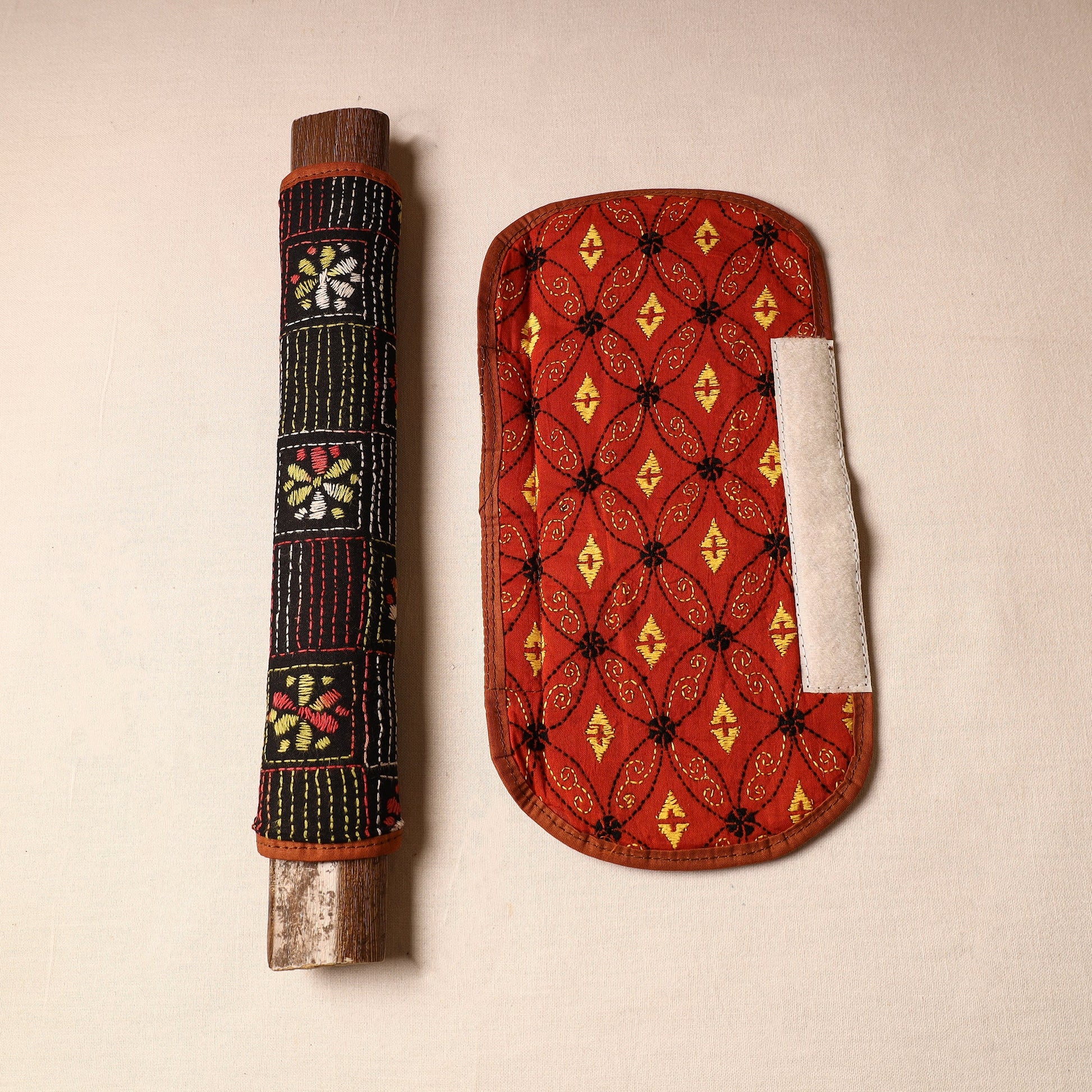 Black - Bengal Kantha Work Handmade Fridge Handle Cover (Set of 2) 26