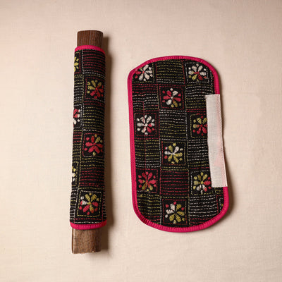 Black - Bengal Kantha Work Handmade Fridge Handle Cover (Set of 2) 32