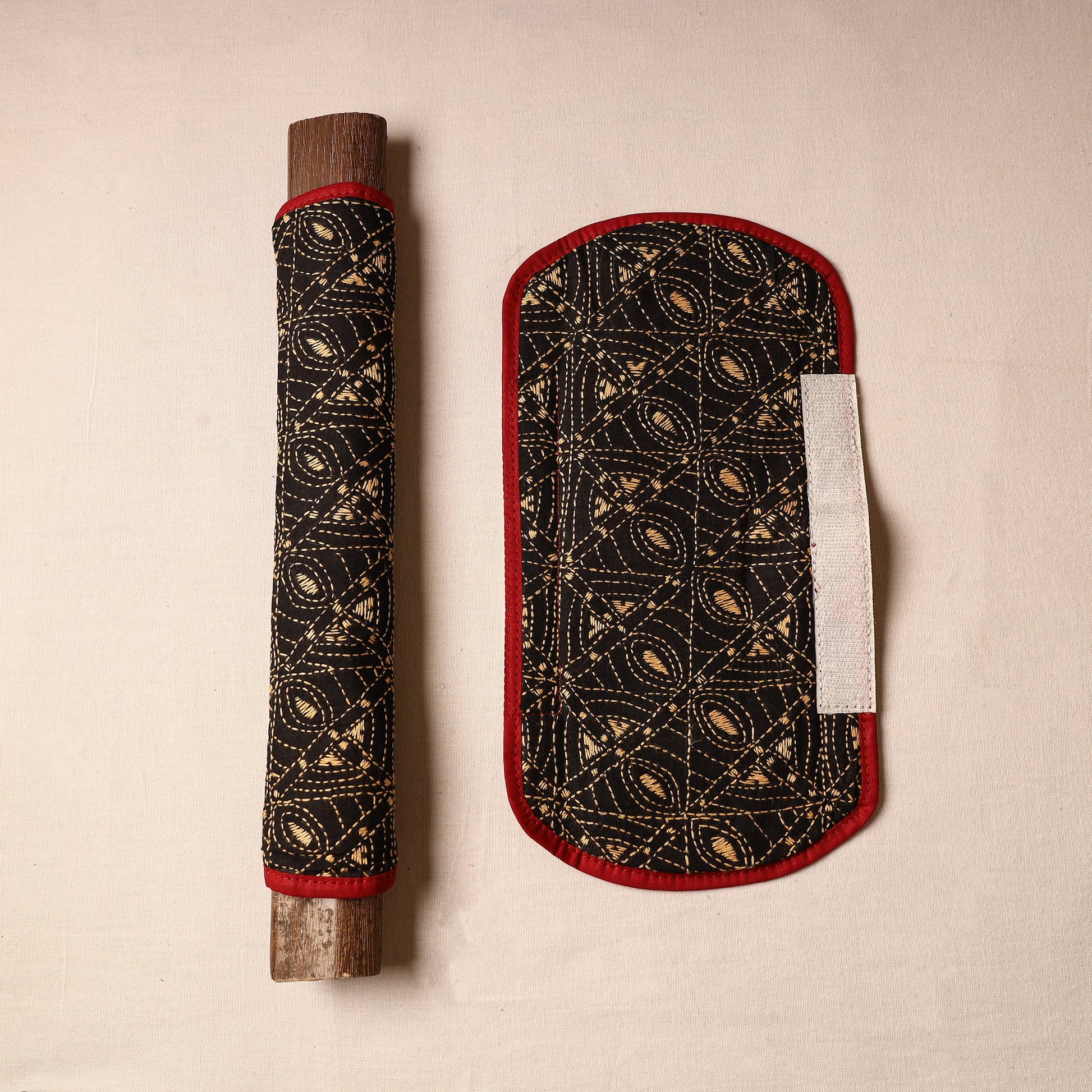Black - Bengal Kantha Work Handmade Fridge Handle Cover (Set of 2) 34