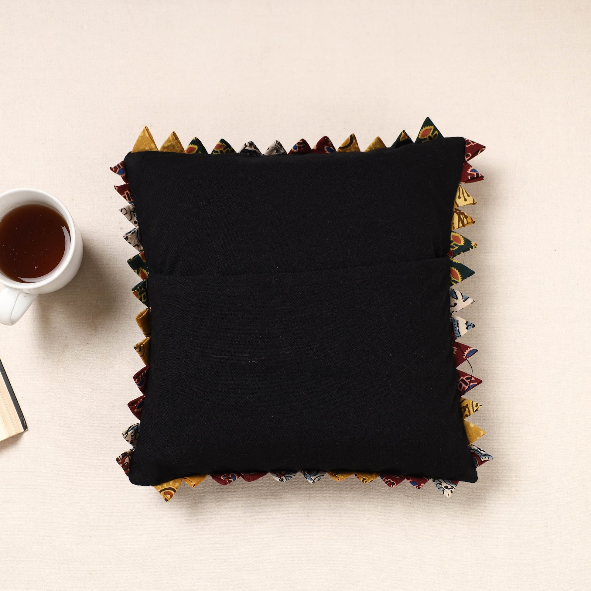 Black - Kala Raksha Tagai Work Cotton Cushion Cover (12 x 12 in)