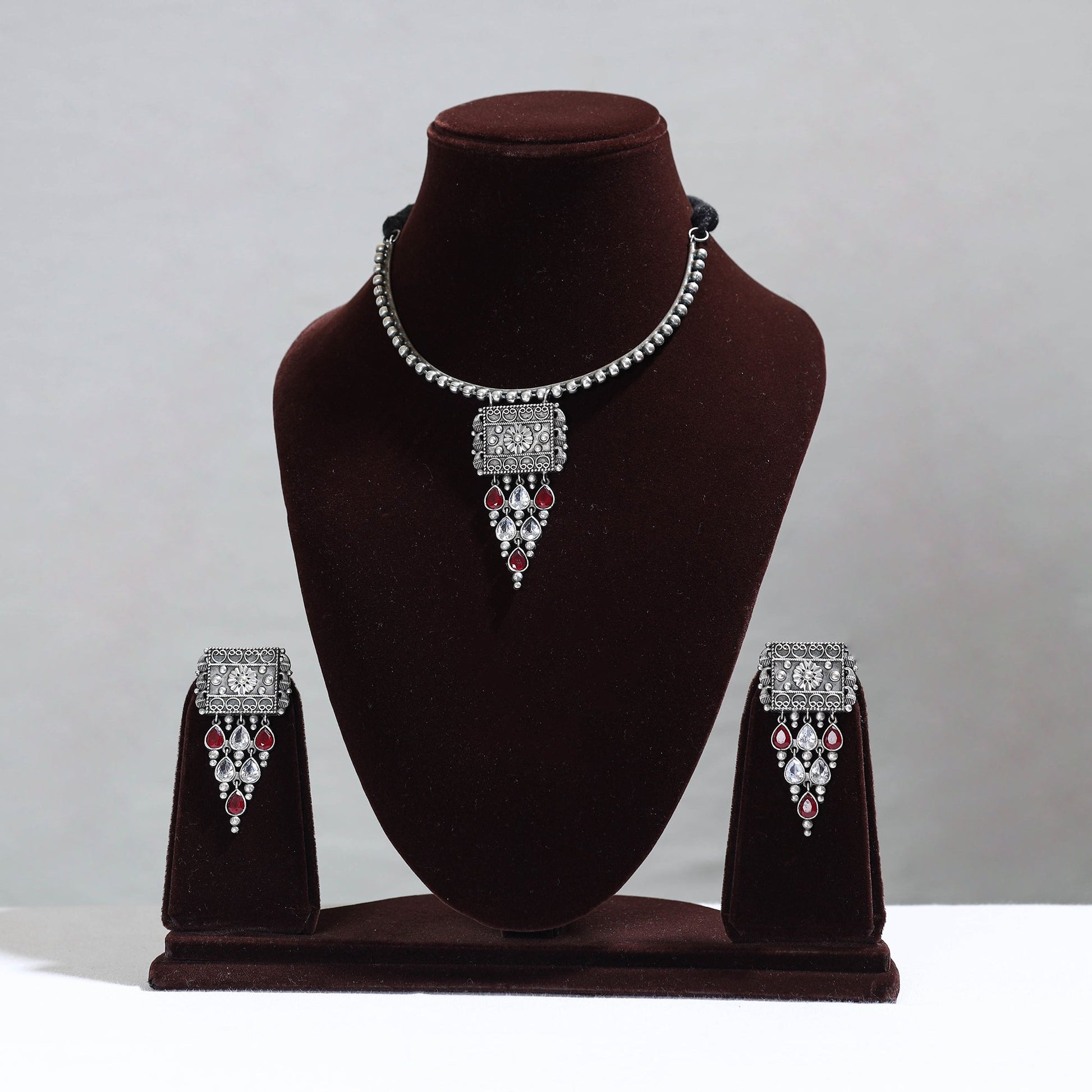 Antique Silver Finish Oxidised Brass Base Stone Work Necklace Set