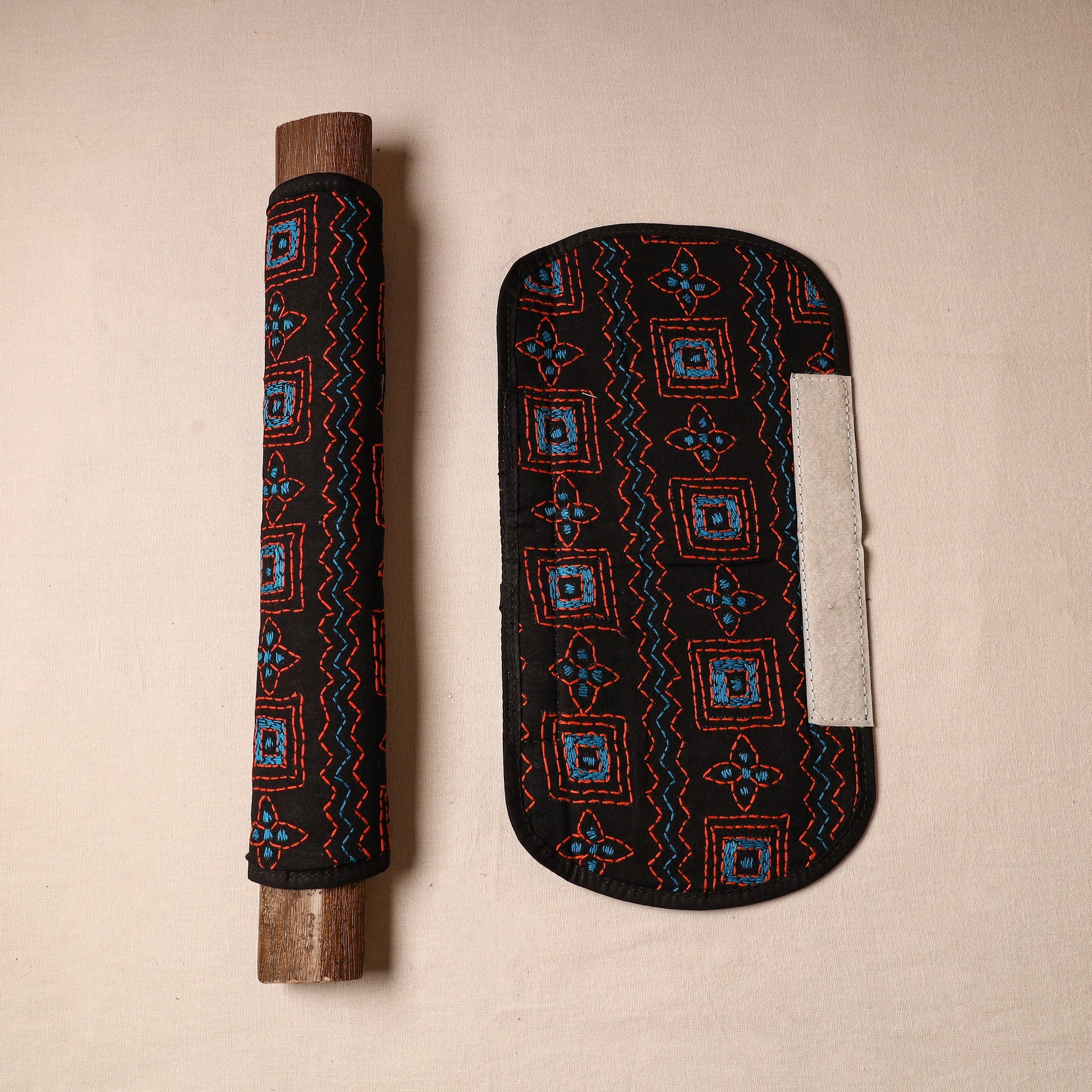 Black - Bengal Kantha Work Handmade Fridge Handle Cover (Set of 2) 38