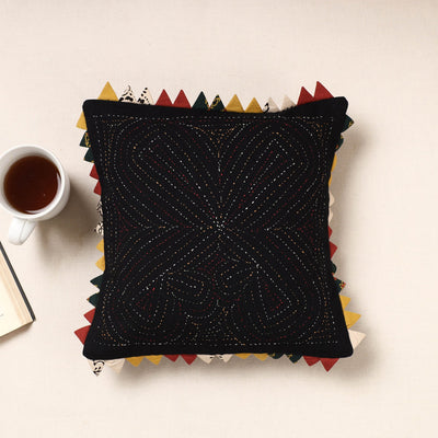 Black - Kala Raksha Tagai Work Cotton Cushion Cover (12 x 12 in)