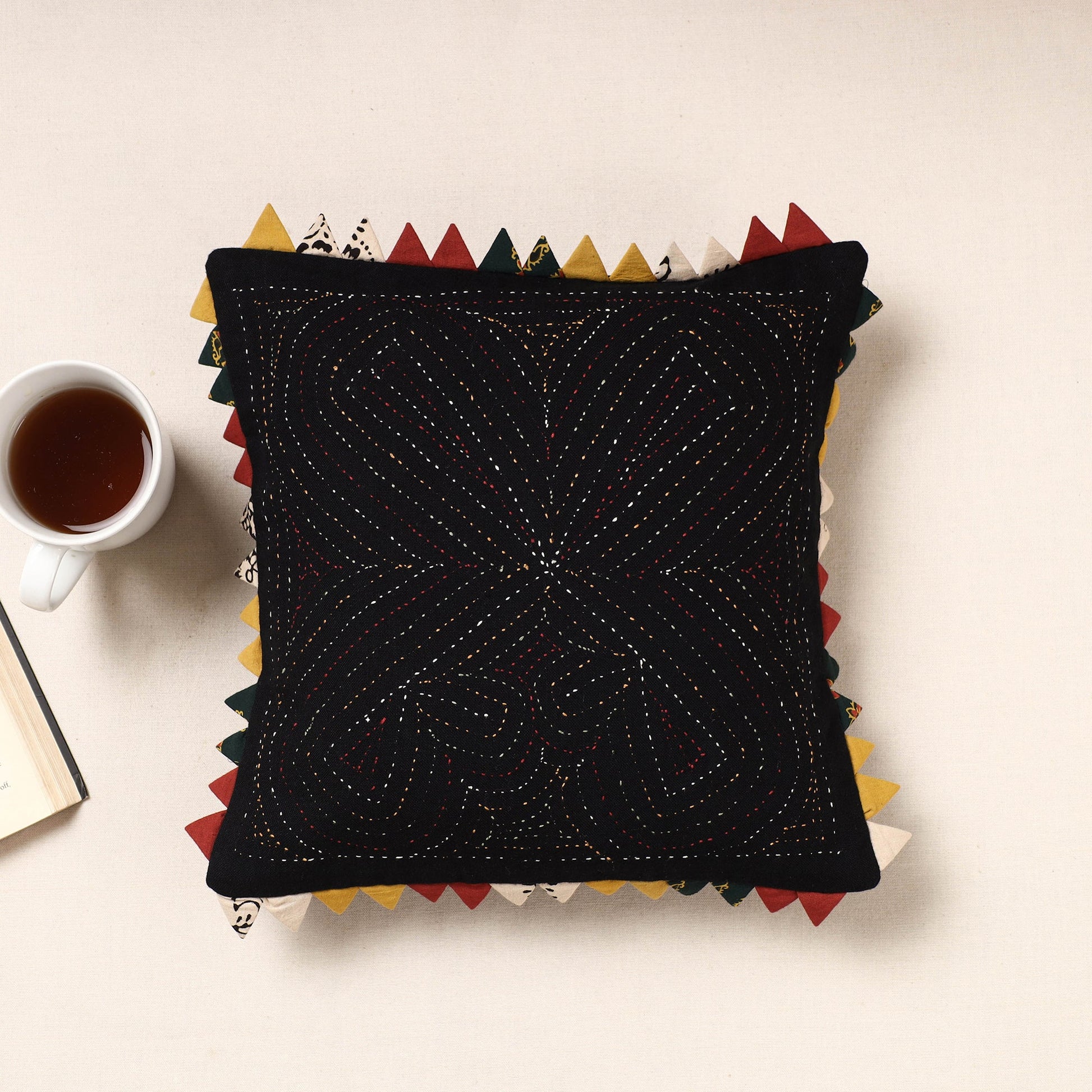 Black - Kala Raksha Tagai Work Cotton Cushion Cover (12 x 12 in)