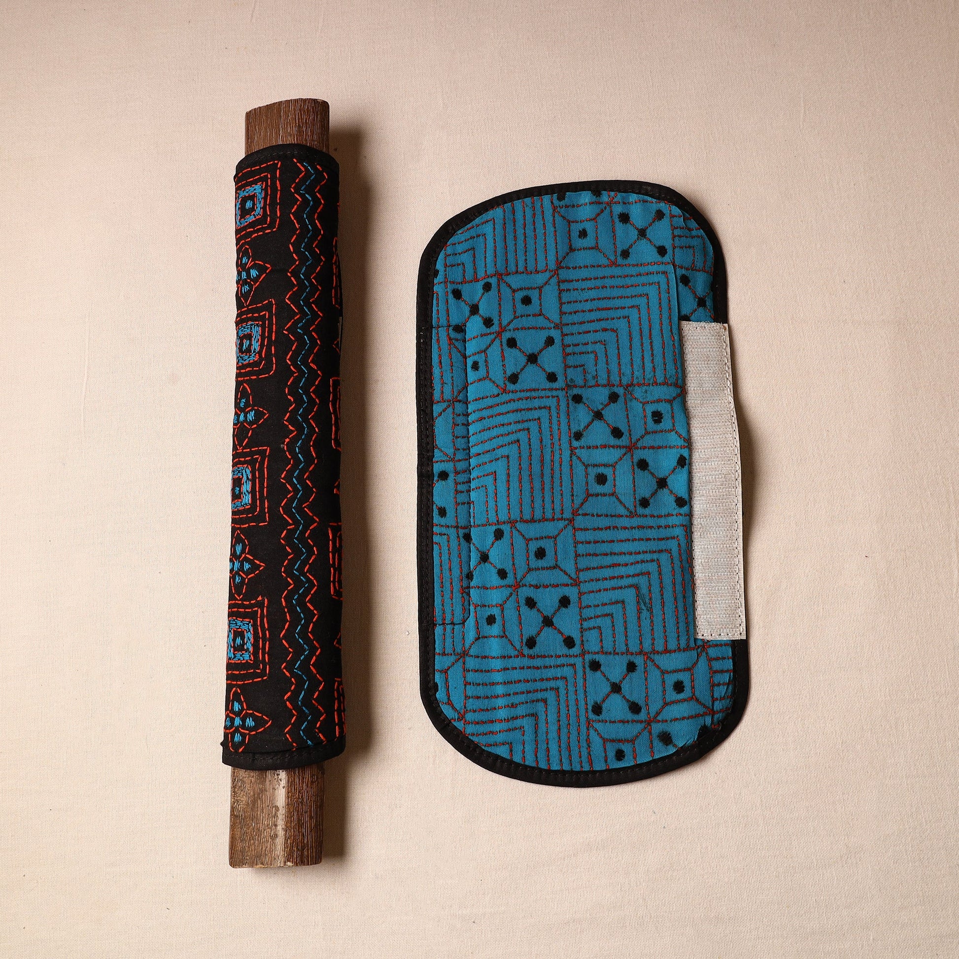Black - Bengal Kantha Work Handmade Fridge Handle Cover (Set of 2) 38