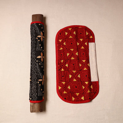 Black - Bengal Kantha Work Handmade Fridge Handle Cover (Set of 2) 43