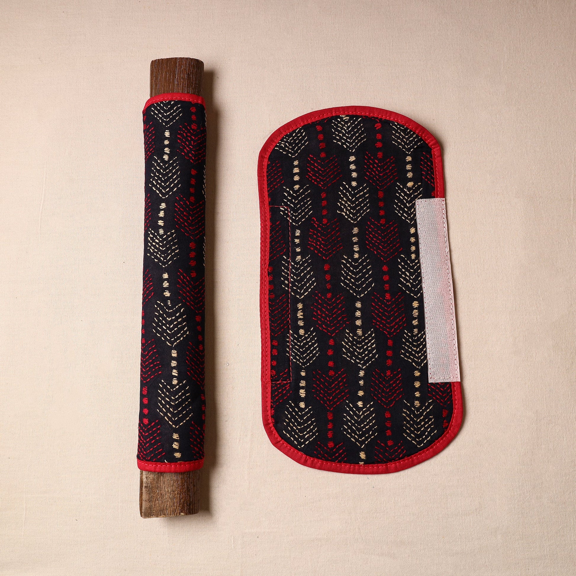 Black - Bengal Kantha Work Handmade Fridge Handle Cover (Set of 2) 44