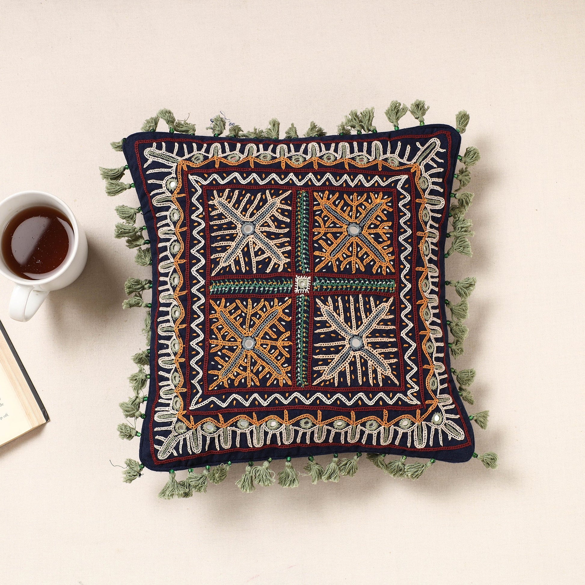 Black - Kala Raksha Rabari Hand Embroidery Cotton Cushion Cover (12 x 12 in)