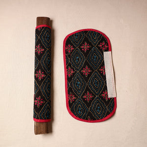 Black - Bengal Kantha Work Handmade Fridge Handle Cover (Set of 2) 47