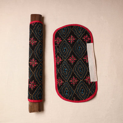 Black - Bengal Kantha Work Handmade Fridge Handle Cover (Set of 2) 47