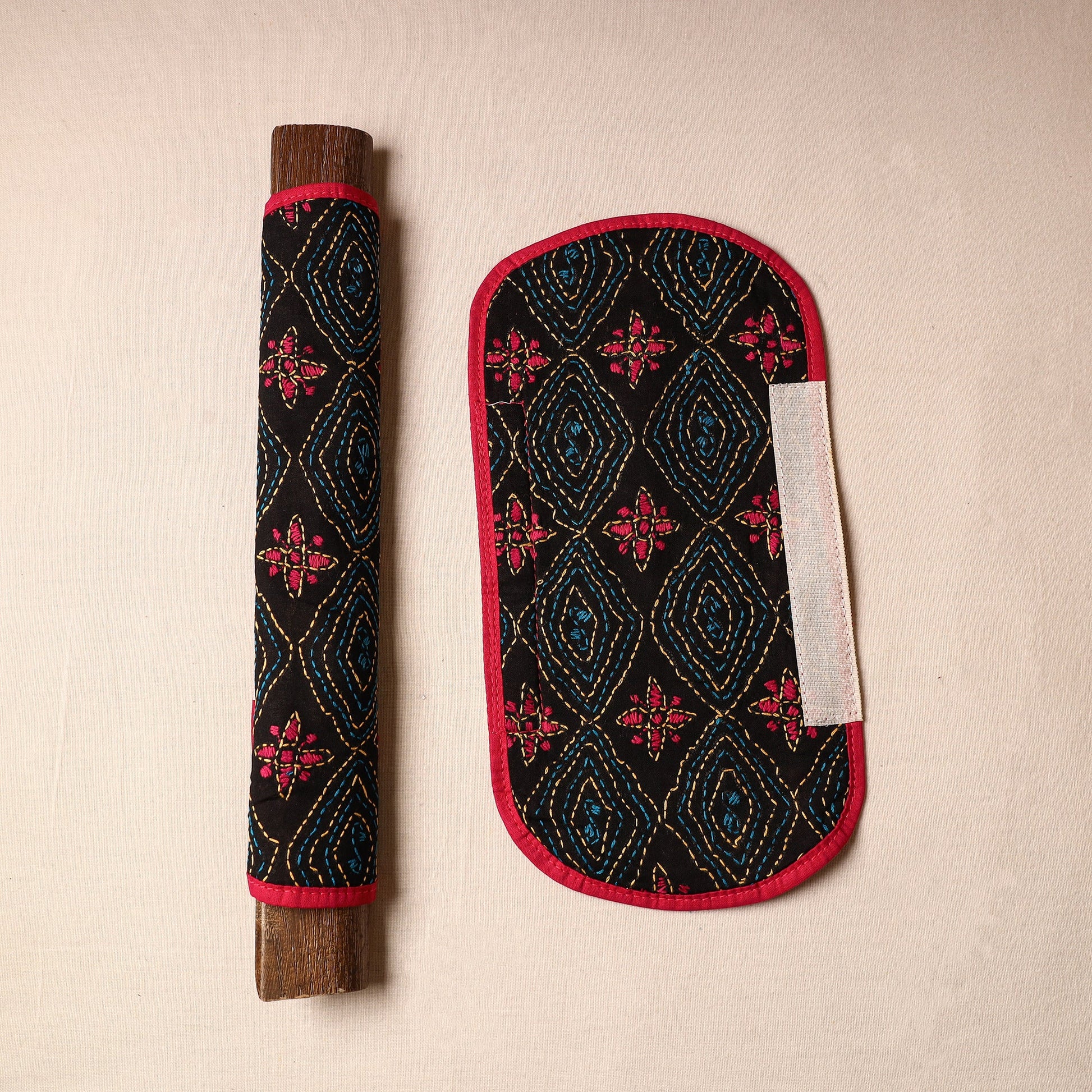 Black - Bengal Kantha Work Handmade Fridge Handle Cover (Set of 2) 47