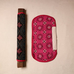 Black - Bengal Kantha Work Handmade Fridge Handle Cover (Set of 2) 47