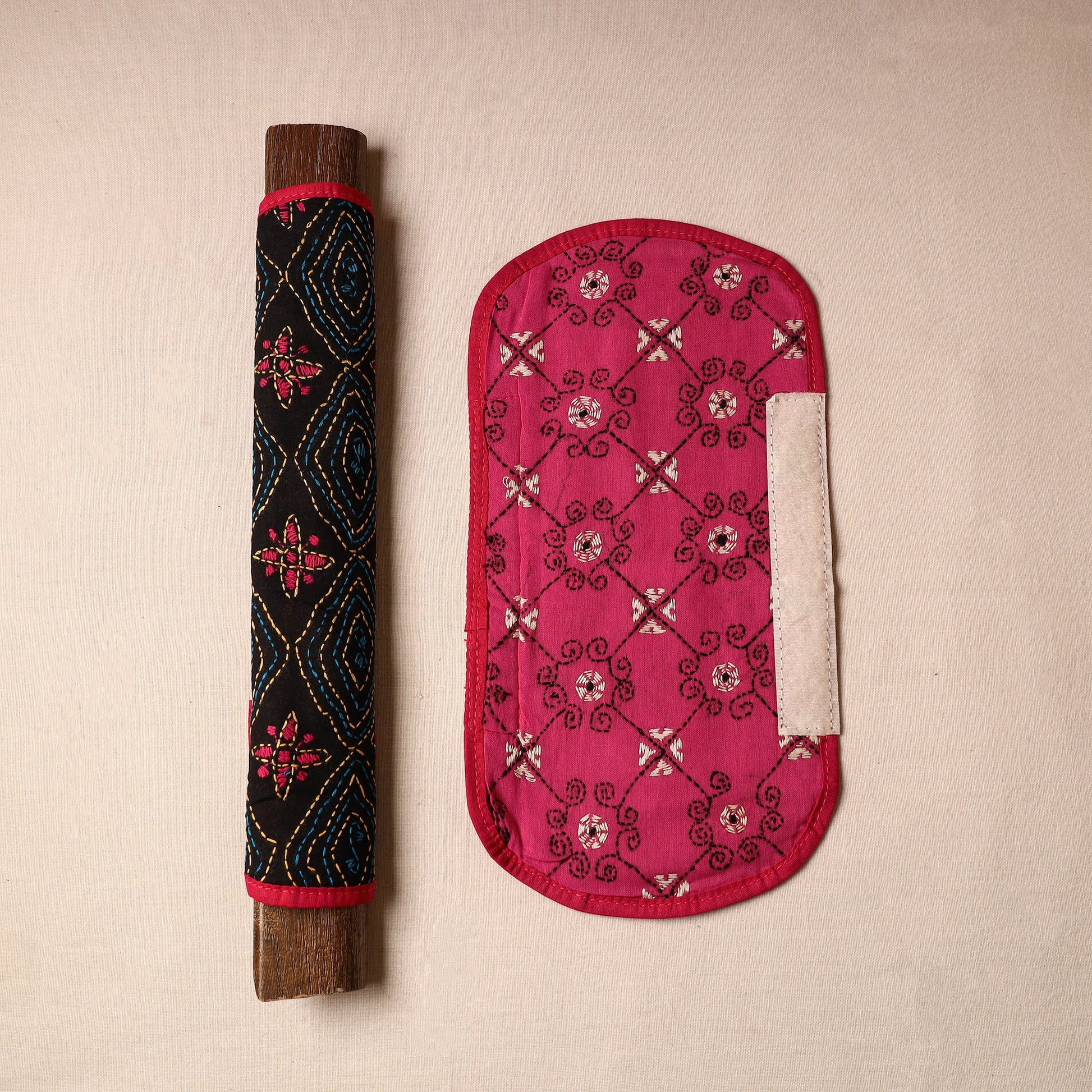 Black - Bengal Kantha Work Handmade Fridge Handle Cover (Set of 2) 47