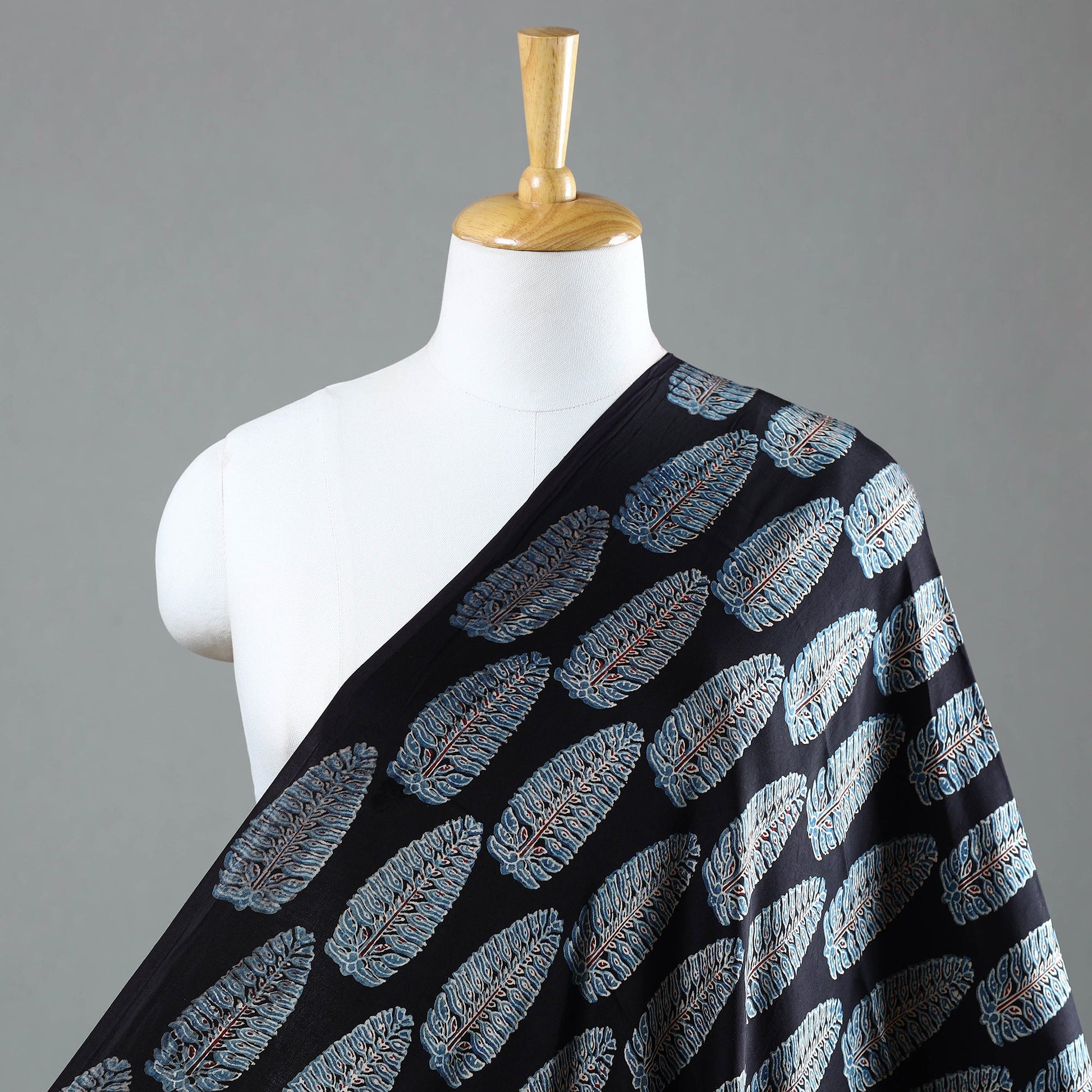 Black - Ajrakh Block Printed Modal Silk Fabric from Kutch 13