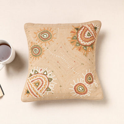 Beige - Kala Raksha Rabari Hand Embroidery Cotton Cushion Cover (12 x 12 in)