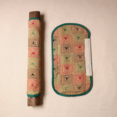 Beige - Bengal Kantha Work Handmade Fridge Handle Cover (Set of 2) 50