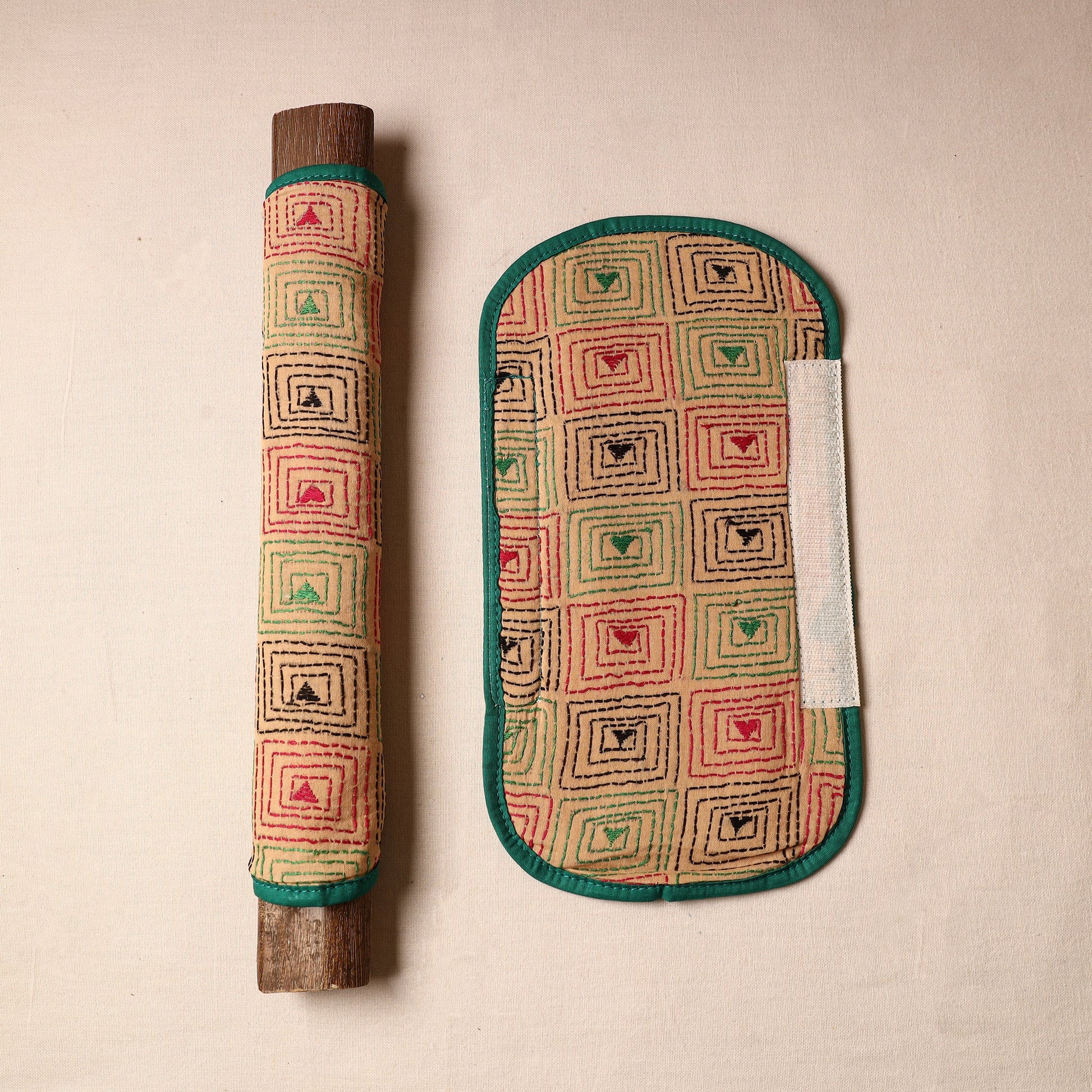 Beige - Bengal Kantha Work Handmade Fridge Handle Cover (Set of 2) 50