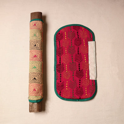 Beige - Bengal Kantha Work Handmade Fridge Handle Cover (Set of 2) 50