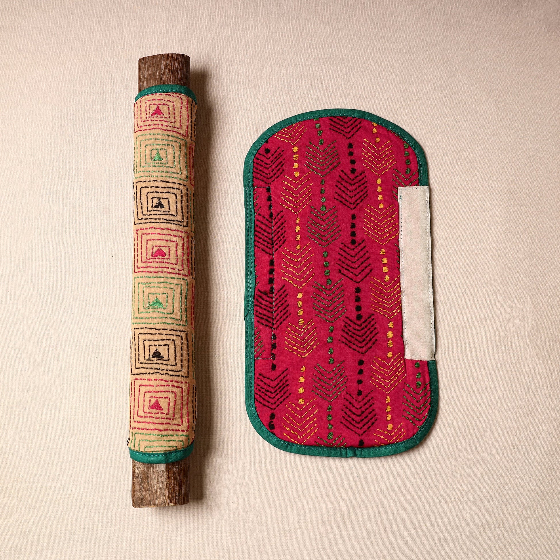 Beige - Bengal Kantha Work Handmade Fridge Handle Cover (Set of 2) 50