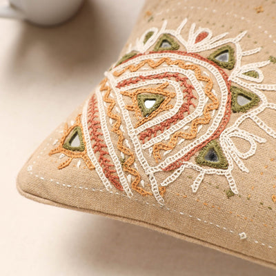 Beige - Kala Raksha Rabari Hand Embroidery Cotton Cushion Cover (12 x 12 in)