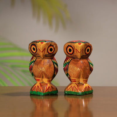 Beautiful Handpainted Burdwan Wood Owl Sculpture Set (Tiny,Set of 2) 28