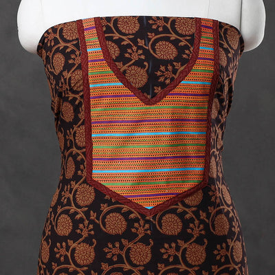 Brown - Bagh Print Cotton Kurta Material with Patchwork (3m) 14