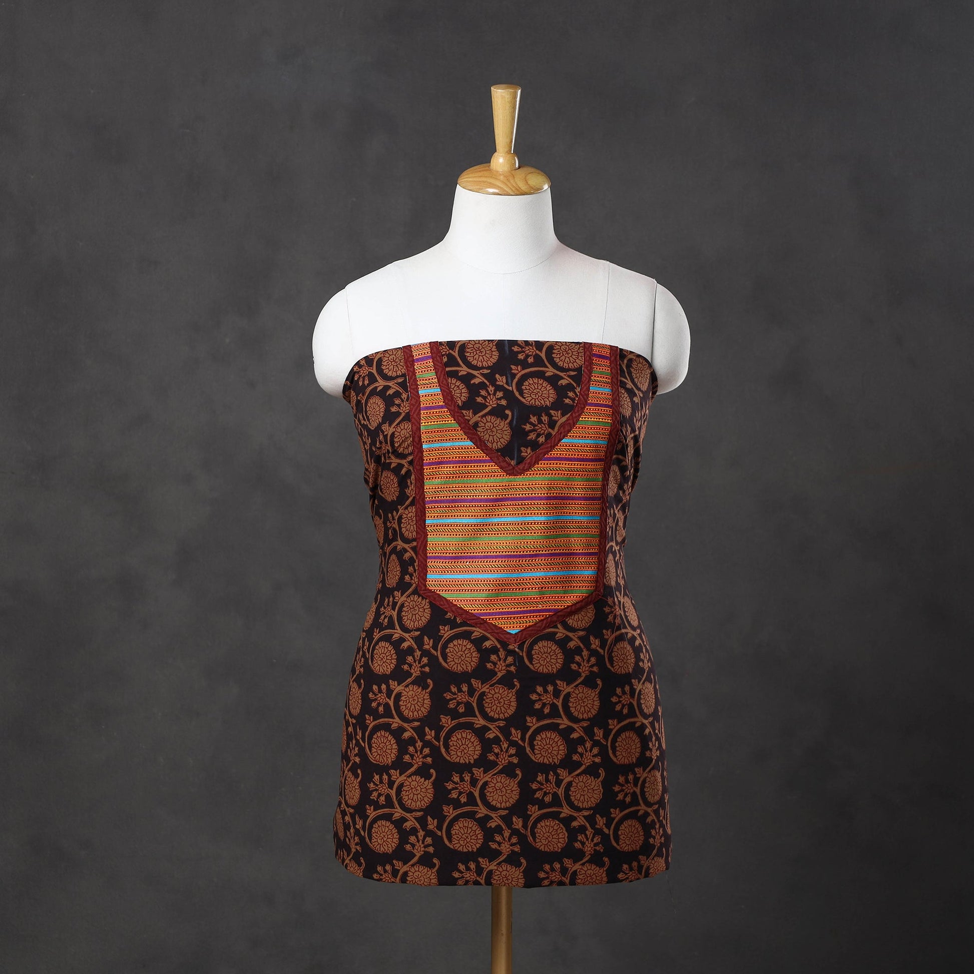 Brown - Bagh Print Cotton Kurta Material with Patchwork (3m) 14