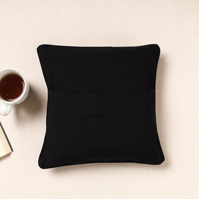 Black - Kala Raksha Pakko Hand Embroidery Cotton Cushion Cover (12 x 12 in)