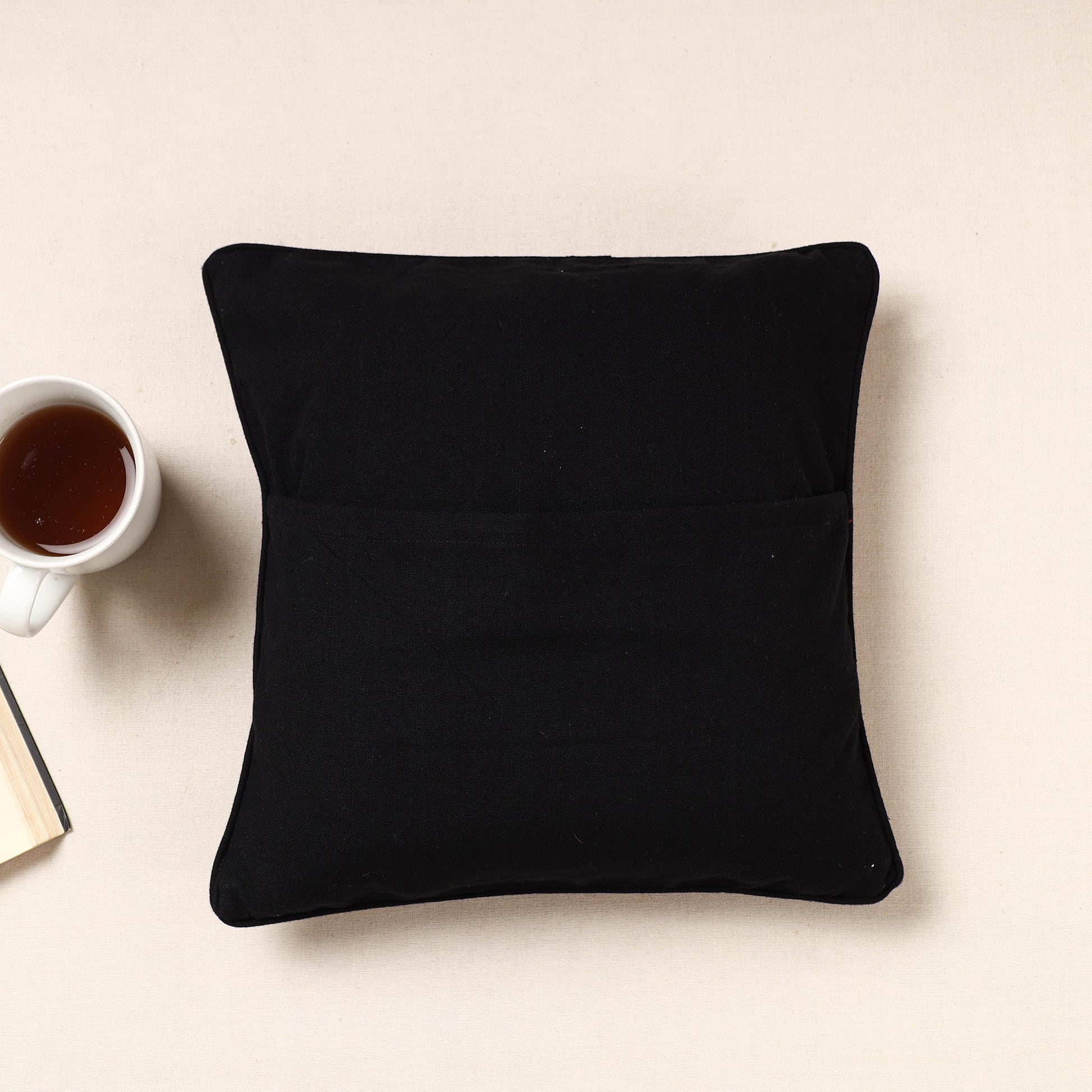 Black - Kala Raksha Pakko Hand Embroidered Pure Cotton Cushion Cover (12 x 12 in)
