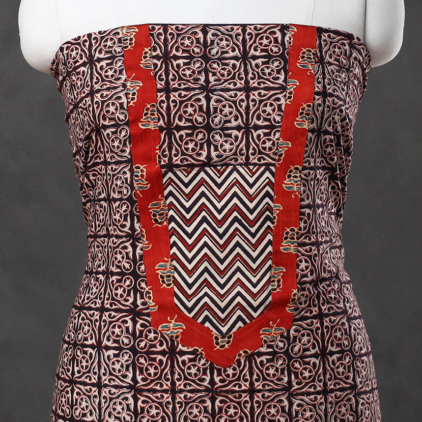 Brown - Bagh Print Cotton Kurta Material with Patchwork (3m) 19