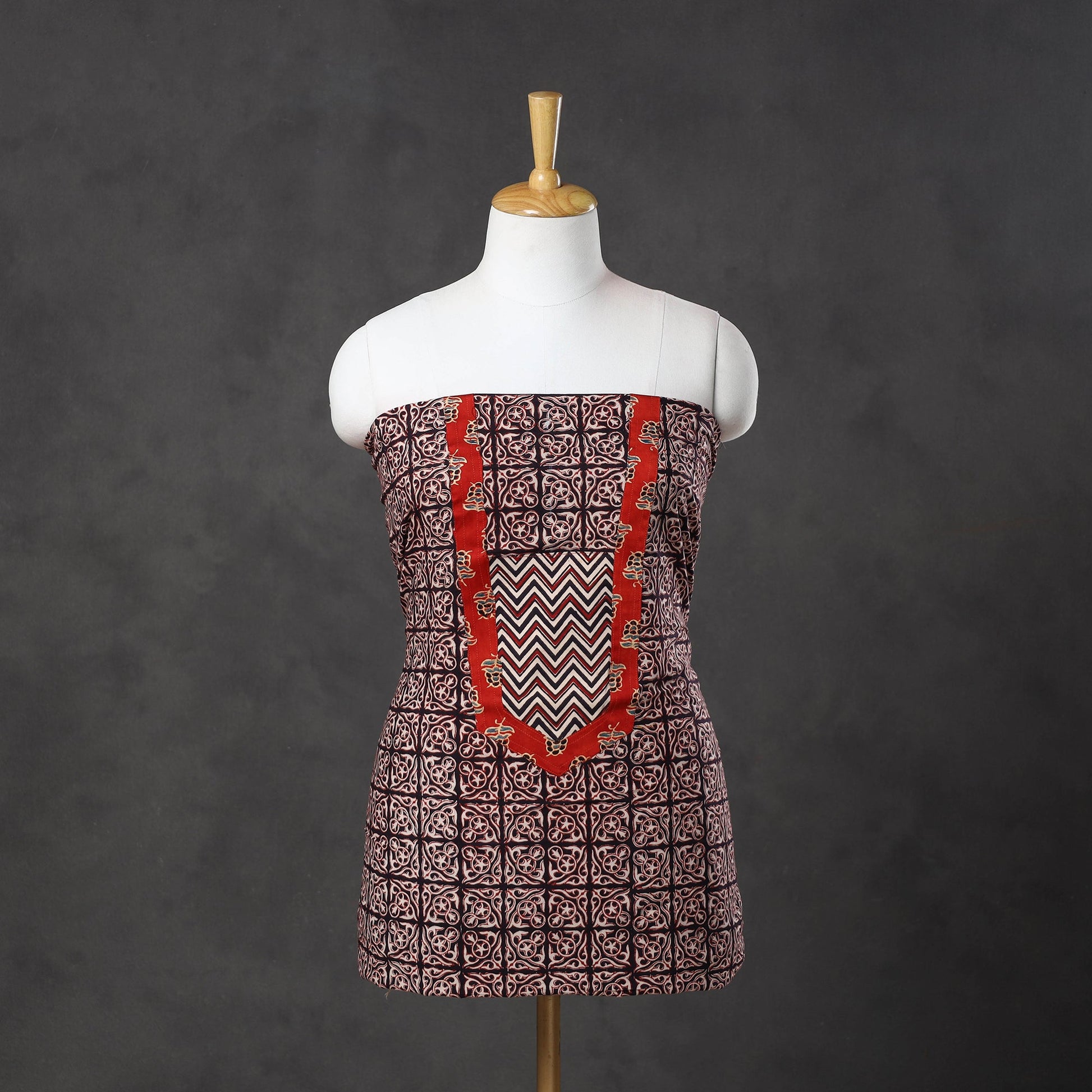 Brown - Bagh Print Cotton Kurta Material with Patchwork (3m) 19