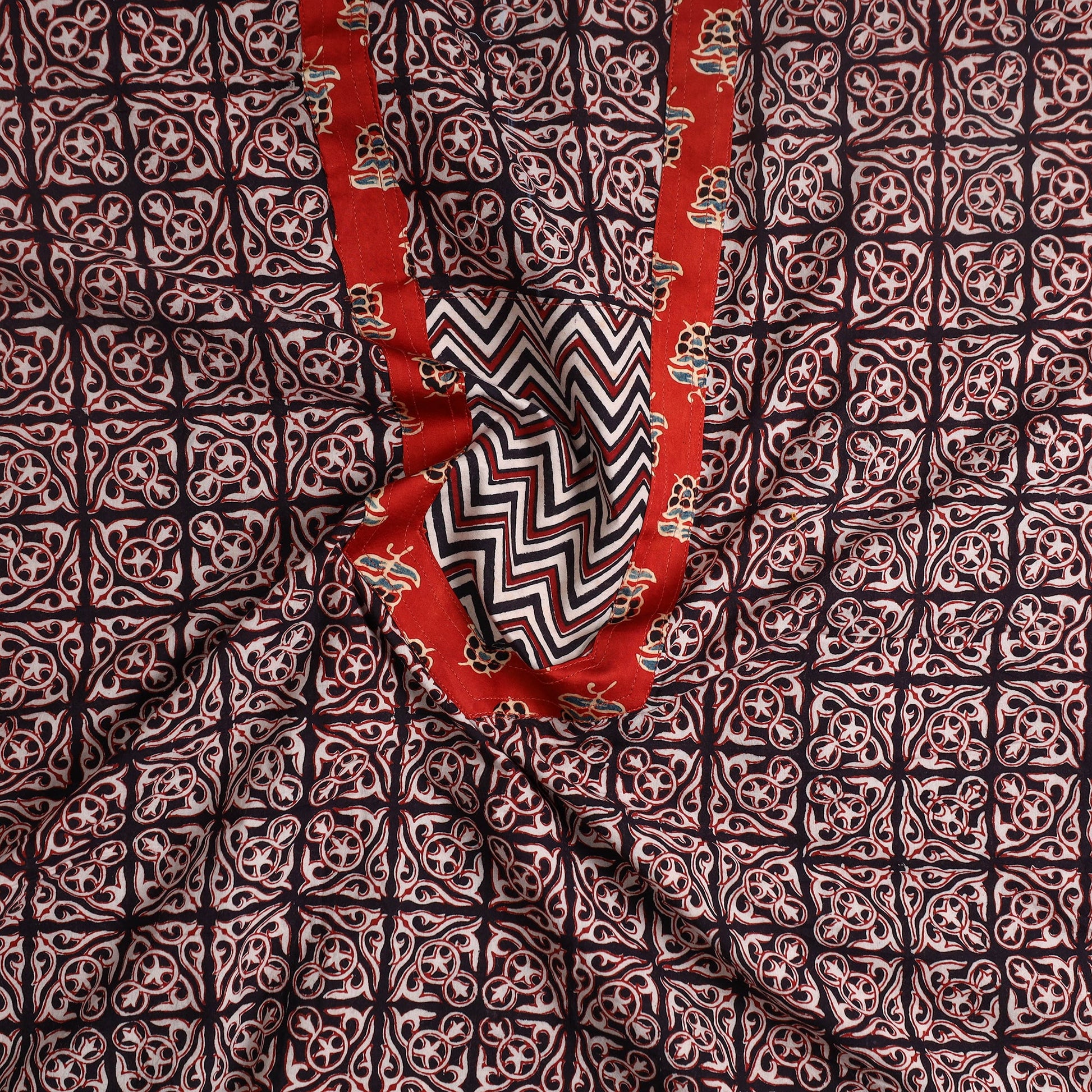 Brown - Bagh Print Cotton Kurta Material with Patchwork (3m) 19