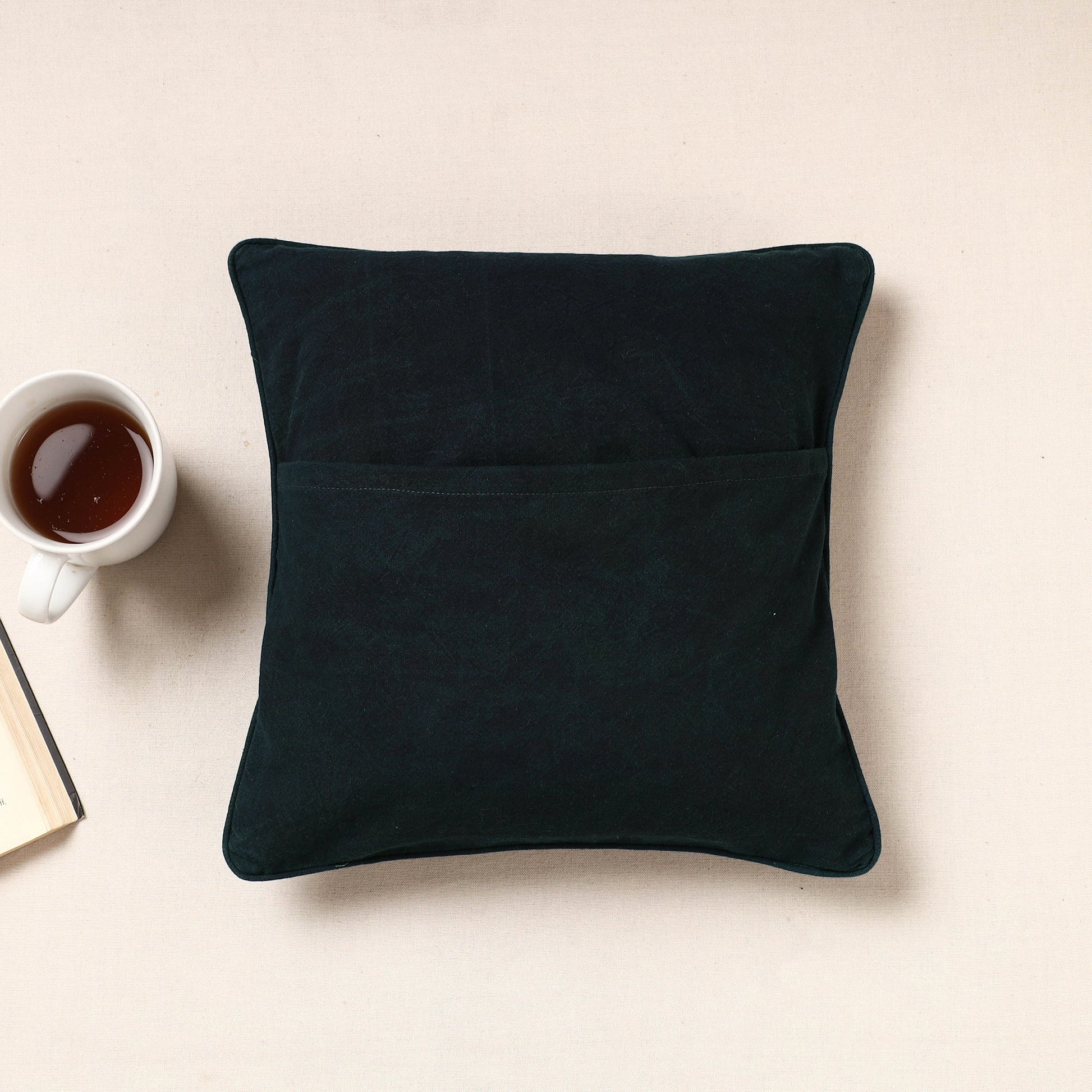 Black - Kala Raksha Pakko Hand Embroidery Cotton Cushion Cover (12 x 12 in)