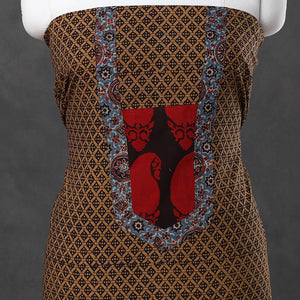Brown - Bagh Print Cotton Kurta Material with Patchwork (3m) 20