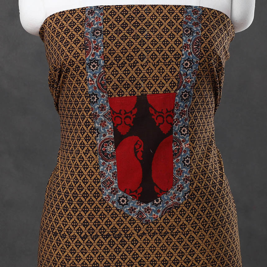 Brown - Bagh Print Cotton Kurta Material with Patchwork (3m) 20