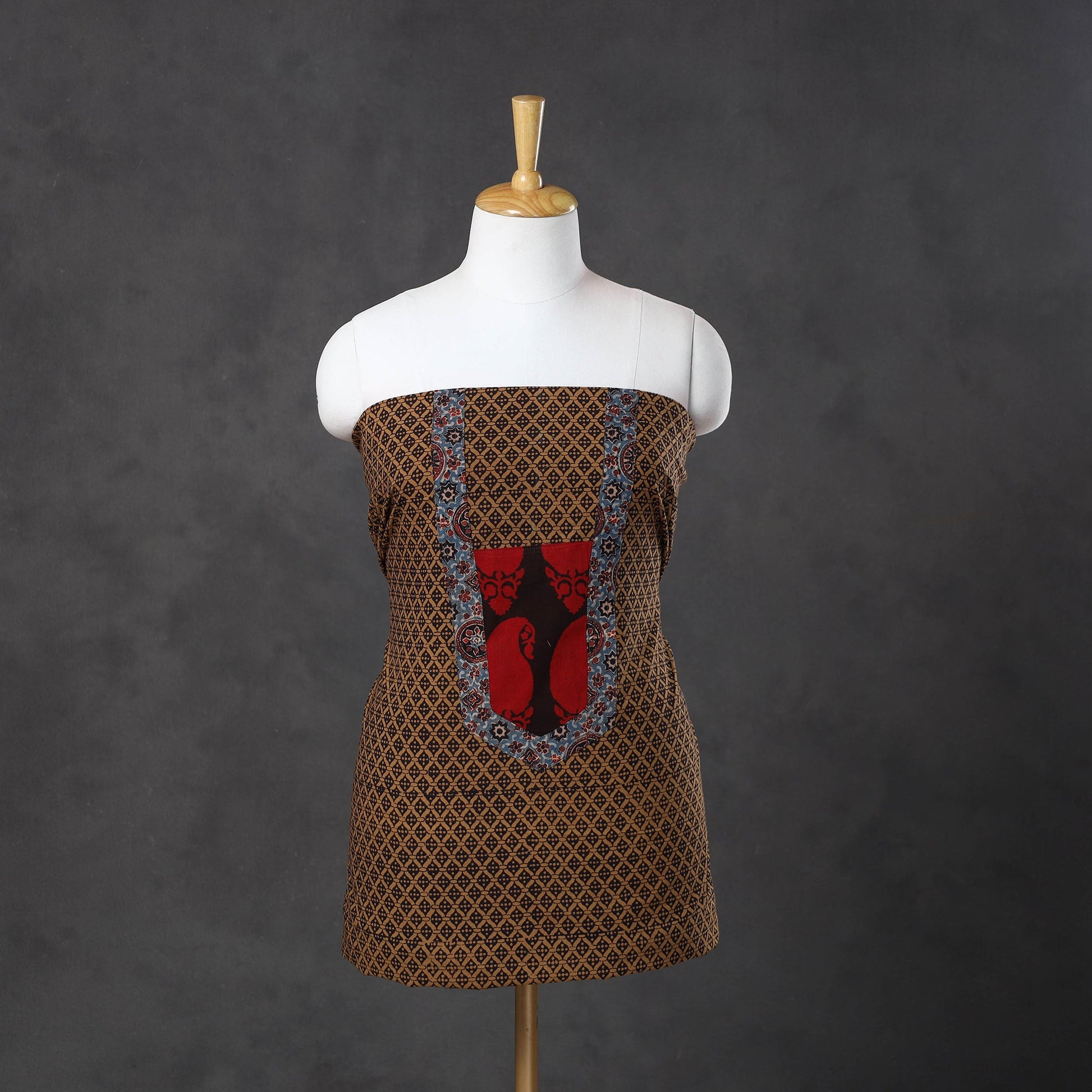 Brown - Bagh Print Cotton Kurta Material with Patchwork (3m) 20