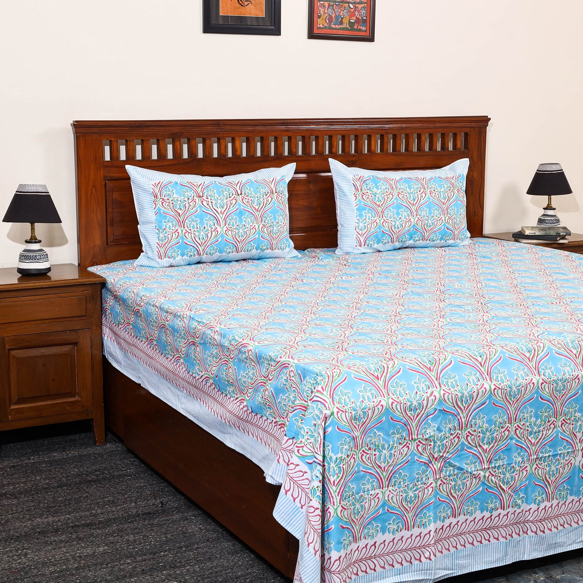 Blue - Block Print Cotton Double Sanganeri Bed Sheet 36