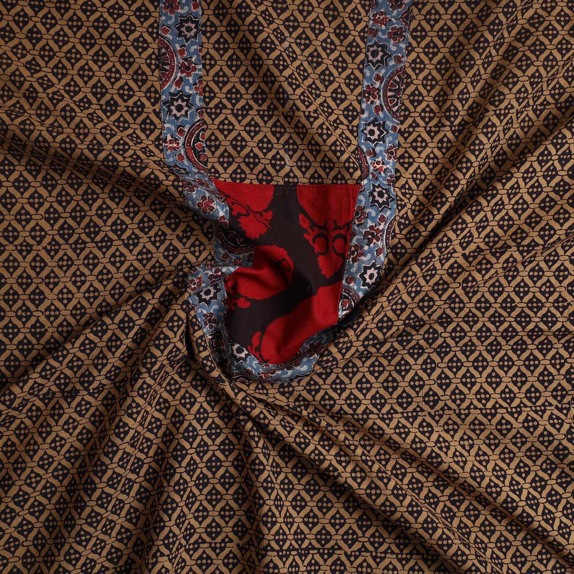 Brown - Bagh Print Cotton Kurta Material with Patchwork (3m) 20