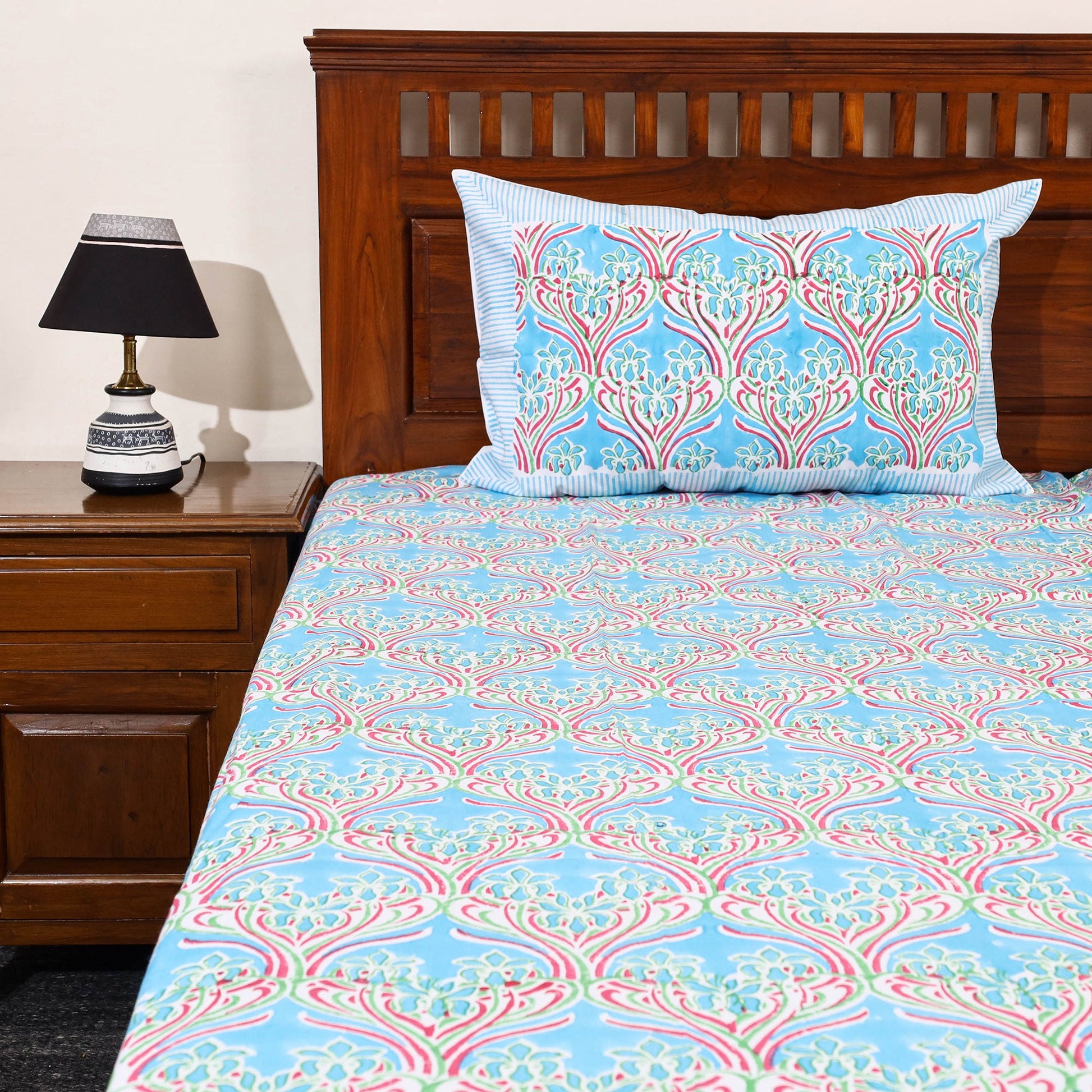 Blue - Block Print Cotton Double Sanganeri Bed Sheet 36