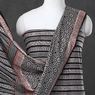 Black - 3pc Natural Dyed Cotton Bagh Print Suit Material Set 14