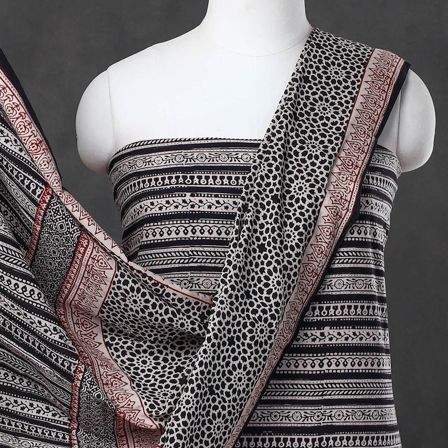 Black - 3pc Natural Dyed Cotton Bagh Print Suit Material Set 14